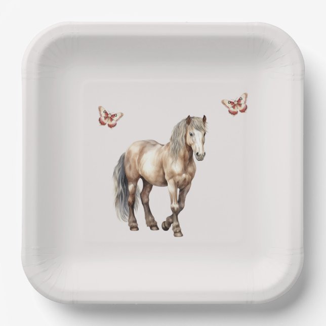 Horse Cream Butterflies Birthday Paper Plates (Front)