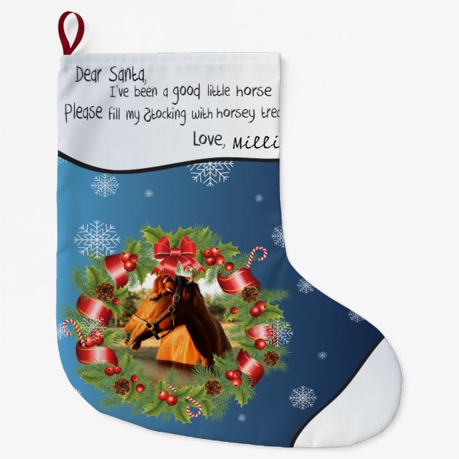 Horse Dear Santa YOUR PHOTO Name Blue Round Frame Large Christmas Stocking (Front)