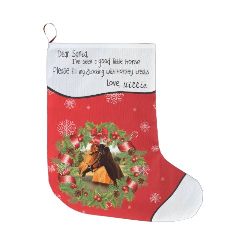 Horse Dear Santa YOUR PHOTO Name Round Frame Red Large Christmas Stocking