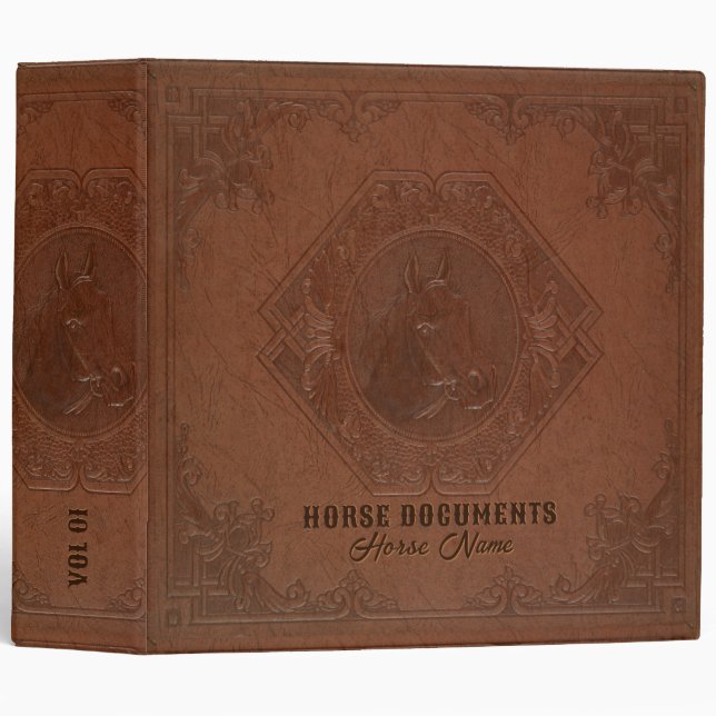Horse Documents Brown Horse Head Leather 3 Ring Binder (Front/Spine)