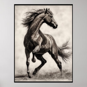 Horse drawing, charcoal pencil poster