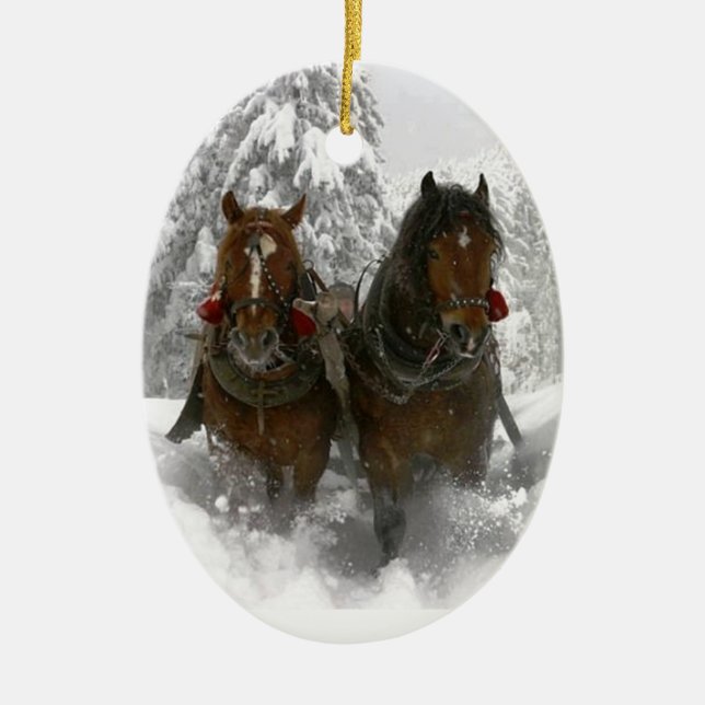 horse drawn sleigh christmas ceramic ornament (Front)