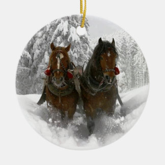 horse drawn sleigh christmas ceramic ornament