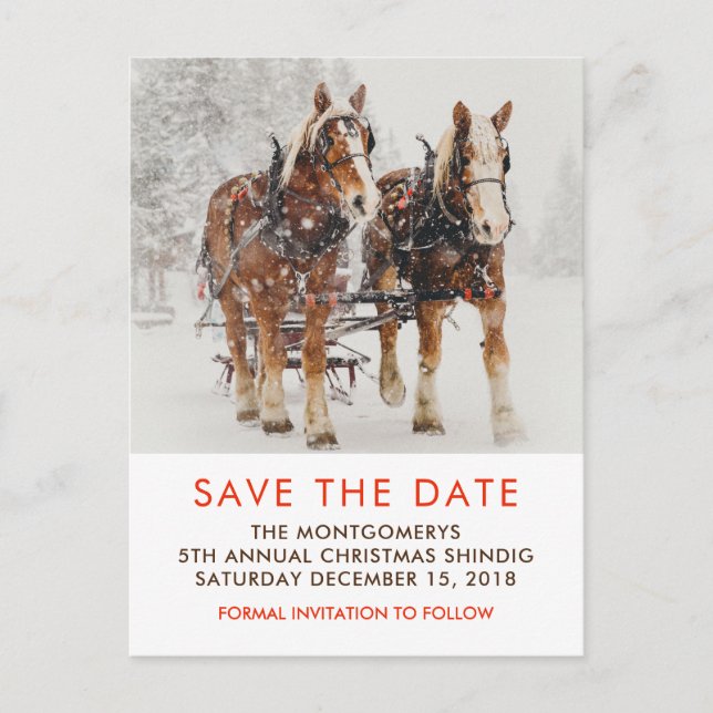Horse Drawn Sleigh Christmas Scene Save the Date Postcard (Front)