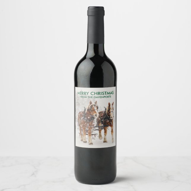 Horse Drawn Sleigh Christmas Scene Wine Label (Front)