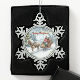 Horse Drawn Sleigh Ride Holiday Scene Snowflake Pewter Christmas Ornament