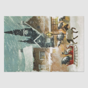Horse-Drawn Sleigh Snowy Village Church Christmas Tissue Paper