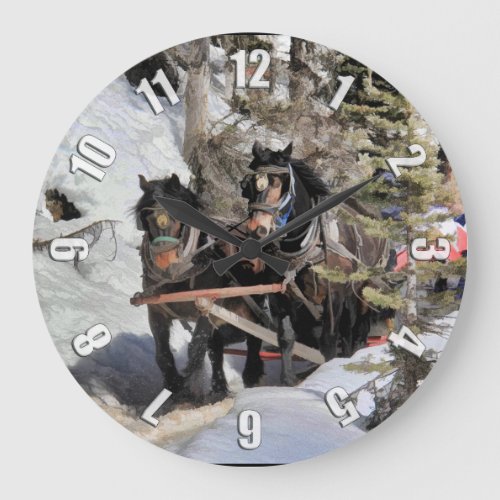 Horse Drawn Wintery Sleigh Ride Large Clock