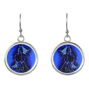 Horse Earrings Running In Blue Moonlight Night
