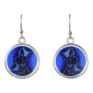 Horse Earrings Running In Blue Moonlight Night 