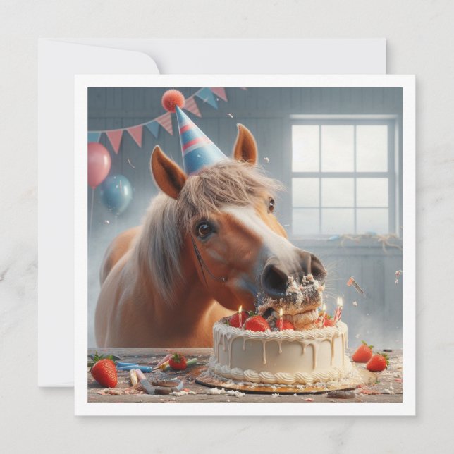 Horse eating cake birthday invitation, Horse lover Invitation (Front)