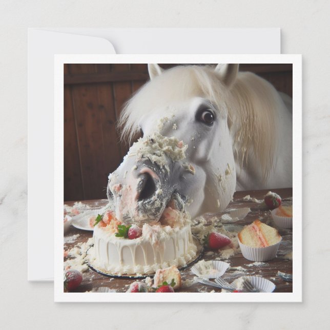 Horse eating cake birthday invitation, Horse lover Invitation (Front)
