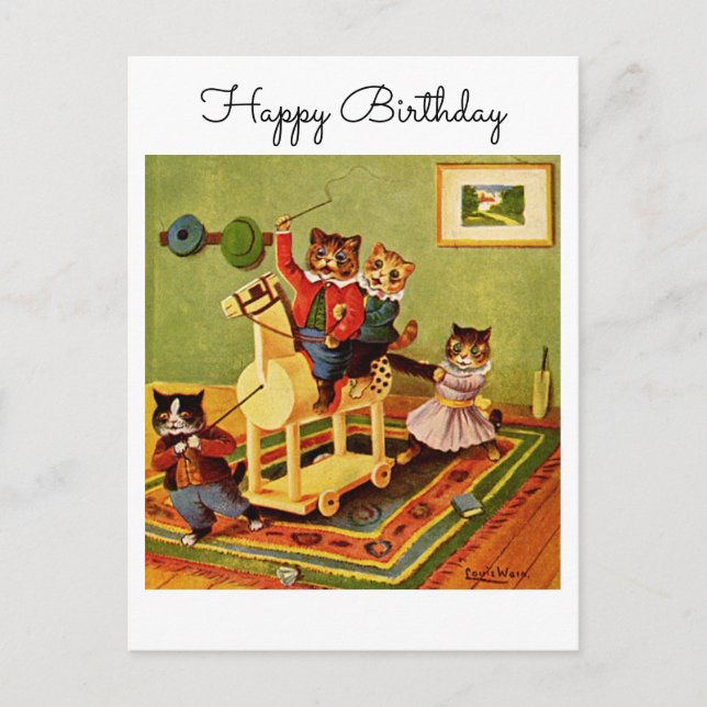 Horse Escapade Happy Birthday From a Cat Cavalry Postcard (Front)