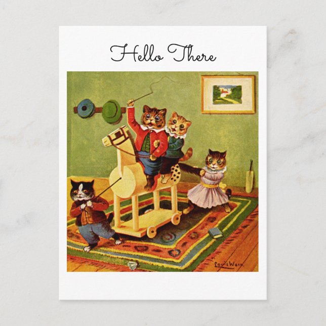 Horse Escapade Hello There From a Cat Cavalry Postcard (Front)