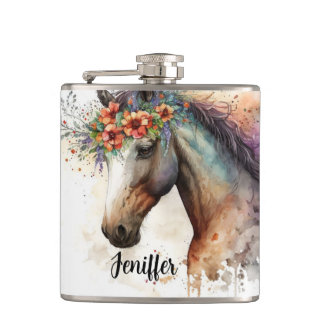 Horse face with flower wreath flask