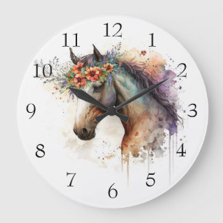Horse face with flower wreath large clock