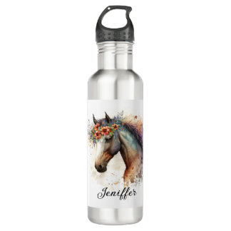 Horse face with flower wreath stainless steel water bottle