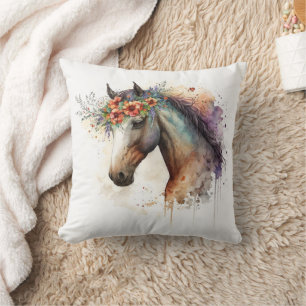 Horse face with flower wreath throw pillow