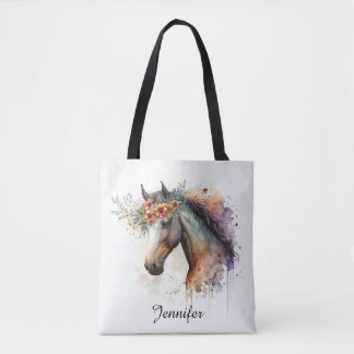Horse face with flower wreath tote bag