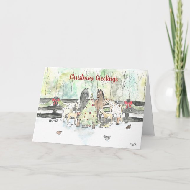 Horse Farm Animals Christmas Card Chickens Goats (Front)