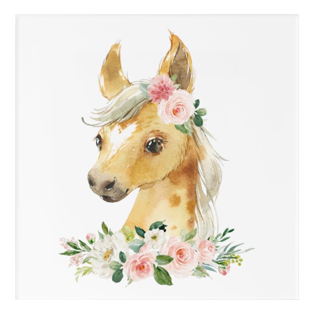 Horse, Farm Animals, Pink Flowers, Girl Nursery Acrylic Print (Front)