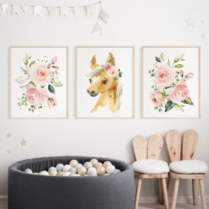 Horse, Farm Animals, Pink Flowers, Girl Nursery Wall Art Sets