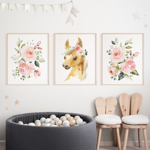 Horse Farm Animals Pink Flowers Girl Nursery Wall Art Sets