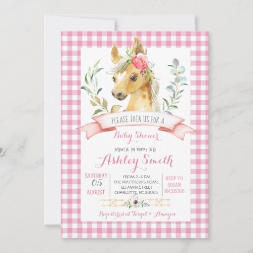 horse farm baby shower invitation pink girl