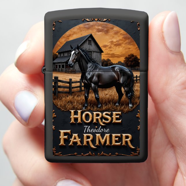 Horse Farmer Black Horse Sunset Barn Fence Zippo Lighter (In Hand)