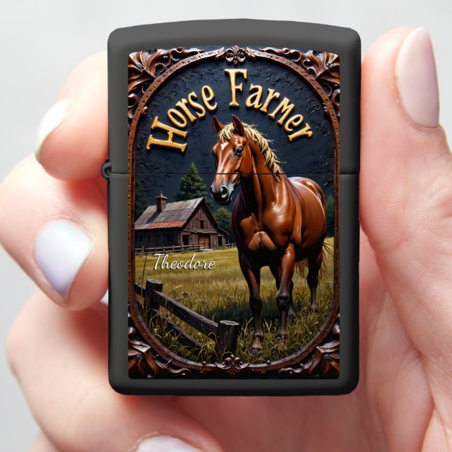 Horse Farmer Brown Horse Rustic Barn Zippo Lighter (In Hand)