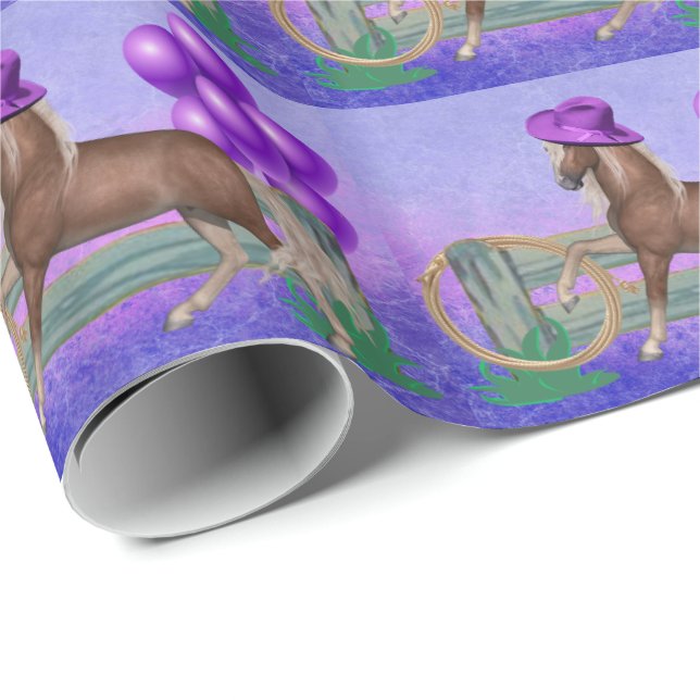 Horse Fence Purple Balloons Birthday Gift Wrap (Roll Corner)