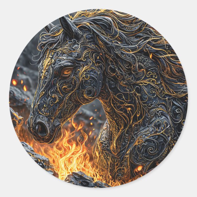 Horse Fiery Stallion Fantasy Art Desig Classic Round Sticker (Front)