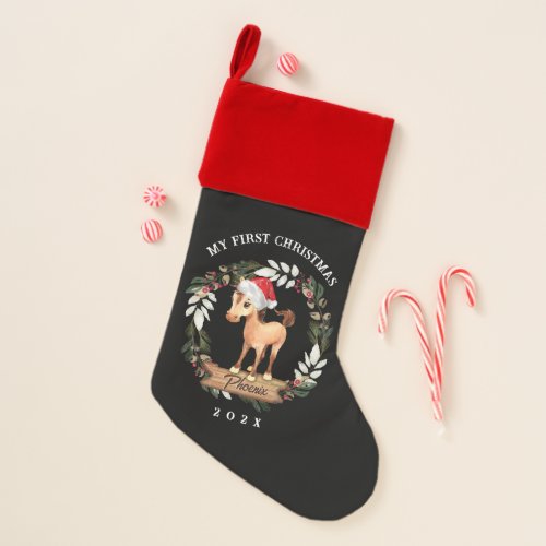Horse first Christmas horse lover black Christmas Stocking