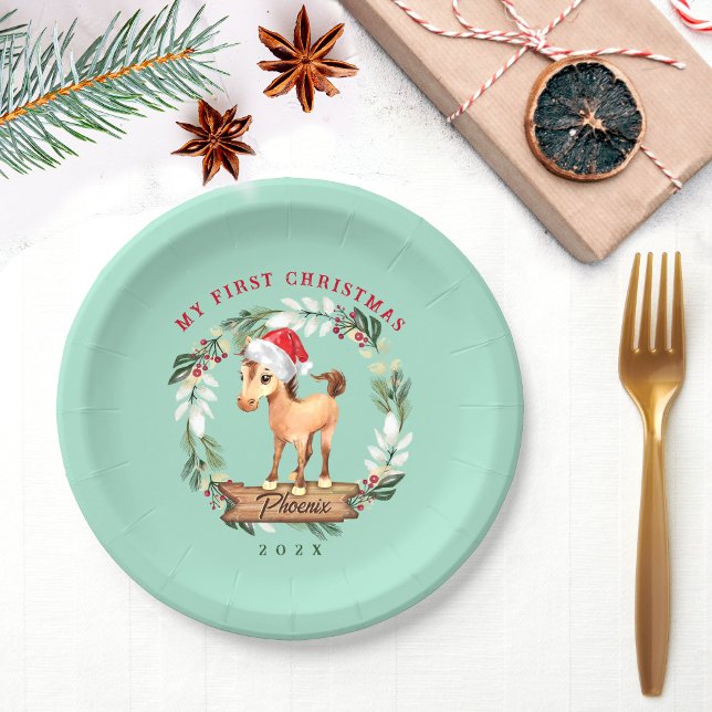 Horse first Christmas horse lover Paper Plates (Horse's 1st Christmas personalized paper plates with cute horse in Santa hat graphic.)