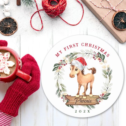 Horse first Christmas horse lover Round Paper Coaster