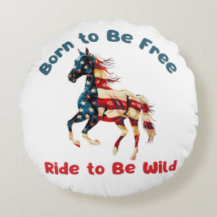 Horse  Flag America Round Pillow