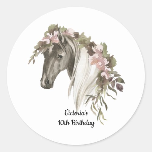 Horse floral birthday party classic round sticker