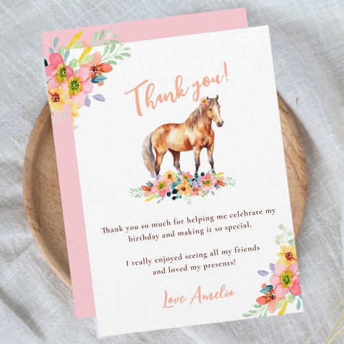 Horse Floral Birthday Party Pony Pink Thank You Card