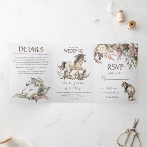 Horse Floral Ranch Wedding Tri_Fold Invitation