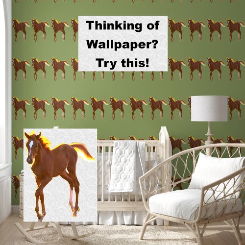 Horse Foal Golden Brown on Sage Green Pattern Wallpaper