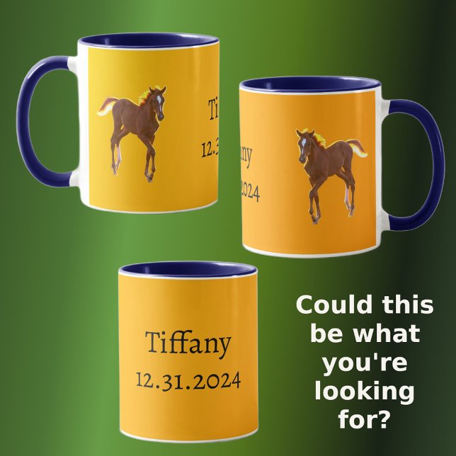 Horse Foal Golden Yellow Orange Add Your Name Date Mug (Left, Center & Right)