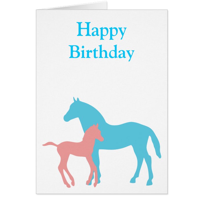 Horse & foal pink & blue silhouette birthday card