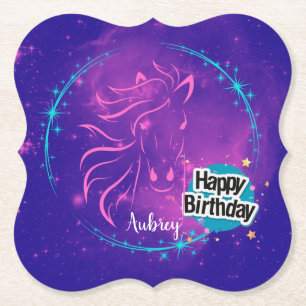 Horse Galaxy Happy Birthday Personalized  Paper Coaster