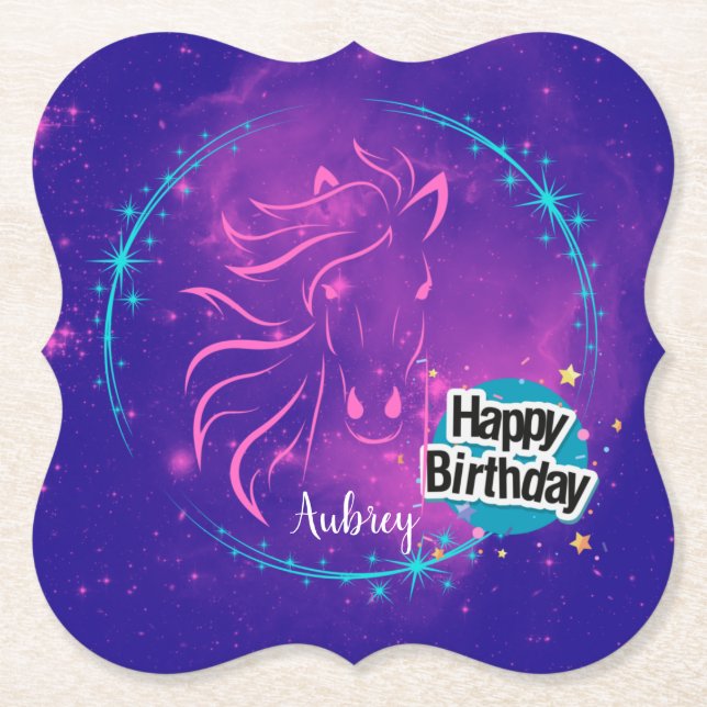 Horse Galaxy Happy Birthday Personalized  Paper Coaster (Front)