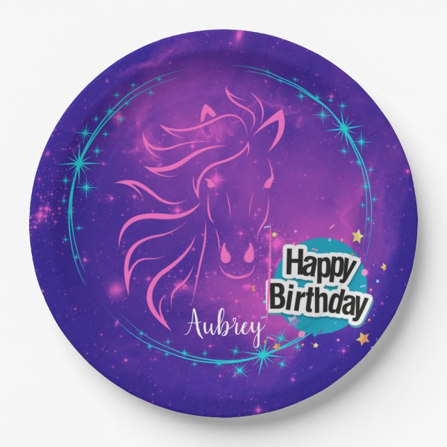 Horse Galaxy Happy Birthday Personalized  Paper Plates (Front)