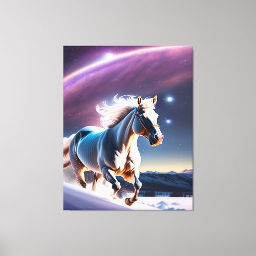 Horse Galloping in Snowy Fields Under Starry Skies Canvas Print