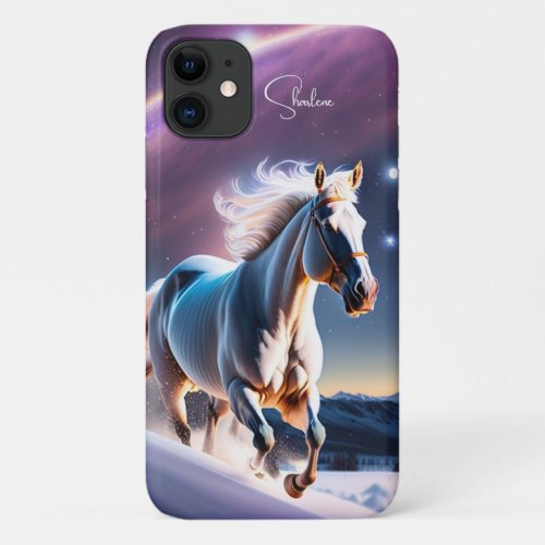 Horse Galloping in Snowy Fields Under Starry Skies iPhone 11 Case