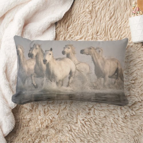 Horse Galloping in the Mediterranean Water Lumbar Pillow