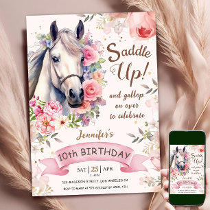 Horse Girl 10th Birthday Pink Flowers Saddle Up Invitation