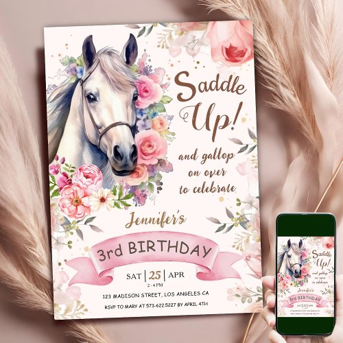 Horse Girl 3rd Birthday Pink Flowers Saddle Up Inv Invitation